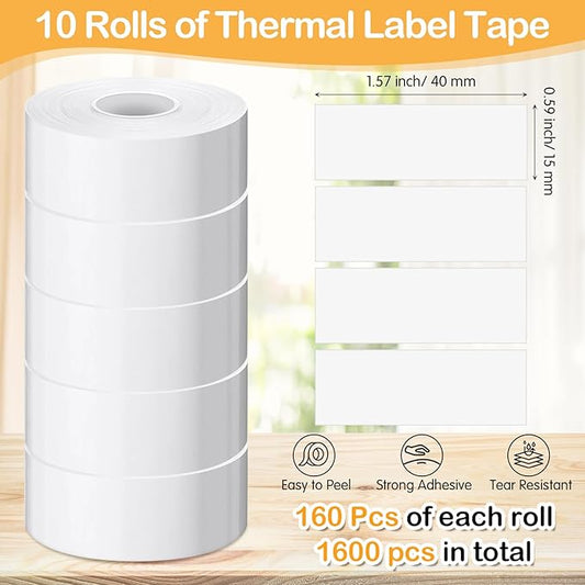 1600 Pcs Label Tapes 15 x 40 mm Laminated Stickers Replacement Compatible with D30 Portable Thermal Label Paper Printer Tapes Refill for Office 160 Pcs/roll (White)