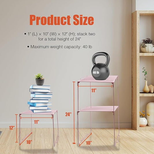 Locker Organizer Shelf, Stackable, Extra Tall, Fits Standard Size School Lockers (Pink)