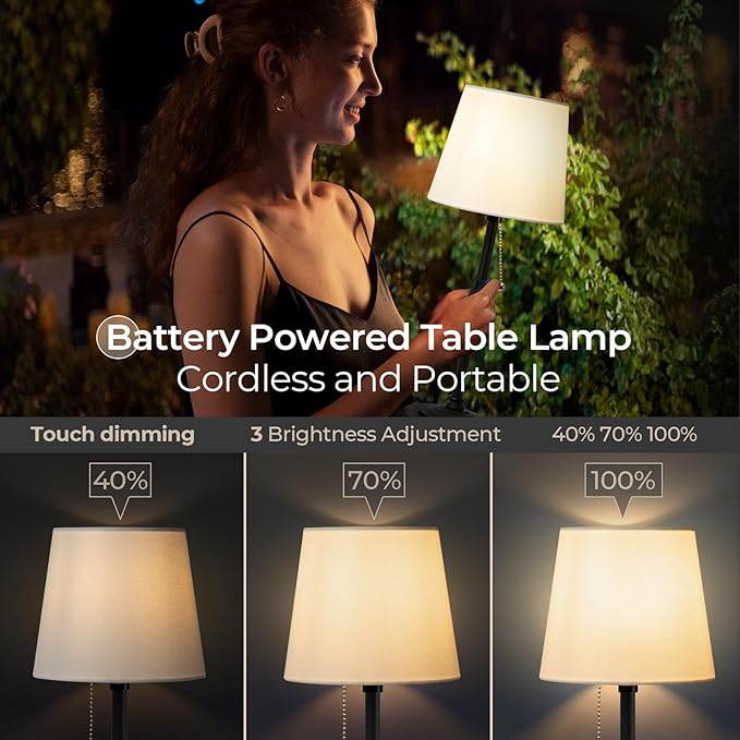 Cordless LED Table Lamp: 5200mAh Portable Battery Operated Lamps for Living Room - Dimmable Desk Lamp for Bedside, Bar, Night Light, Dining Room, Camping, Patio (Dark Black)