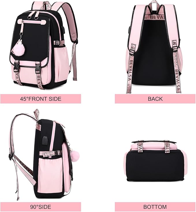 Bevalsa School Backpack for Girls, Backpack with Lunch Box & Pen Case, Bookbag for Girls Kids Elementary Middle High School Student 21L Children Schoolbag