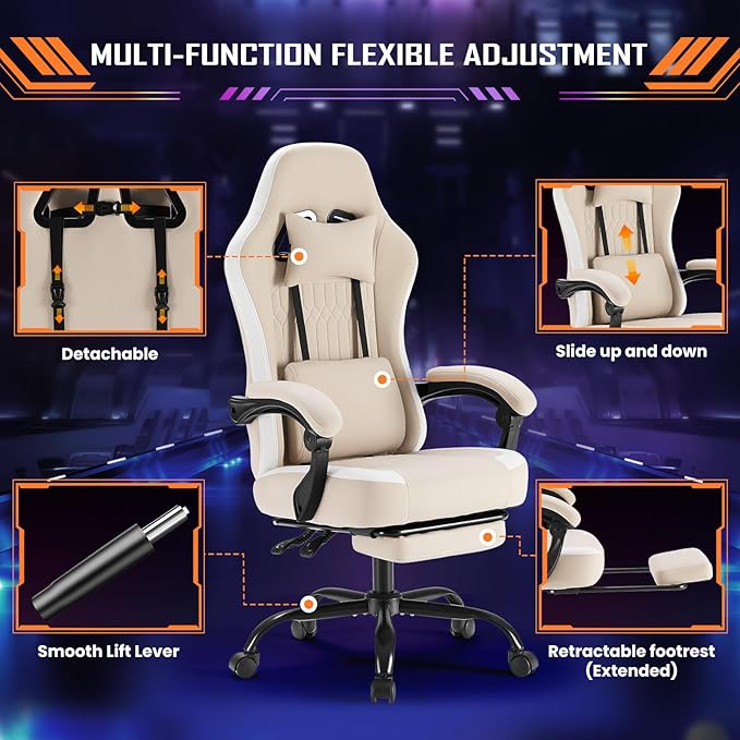Sweetcrispy Computer Gaming Chair - High Back Ergonomic Desk Chair with Footrest and Lumbar Support, Height Adjustable Task Chair with Linkage Armrests and Headrest, 360° Swivel Wheels, Khaki