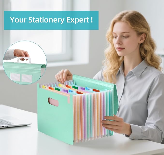13 Pocket Accordion File Organizer,Wheat Straw Expanding File Folder with Index Tabs and Colorful Inner Design,A4/Letter Paper Document Storage Organizer for Home School Office Supplies