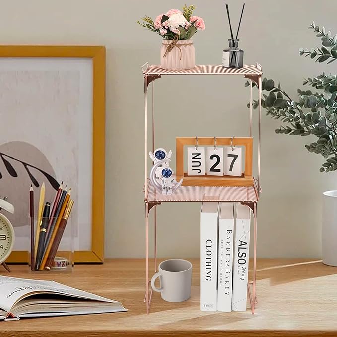 Locker Organizer Shelf Stackable Extra Locker Shelf for School Locker Organizer Storage Cabinet Accessories Suitable for School, Office, and Home use (2, Rose Gold)