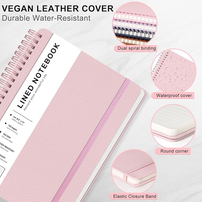 Lined Spiral Journal Notebook, A4 Spiral Notebook, 8.5''×11'' 100GSM Thick Paper Spiral Bound Journaling Notebooks for Work, School, Women, College Ruled Spiral Notebook for Note Business, Pink