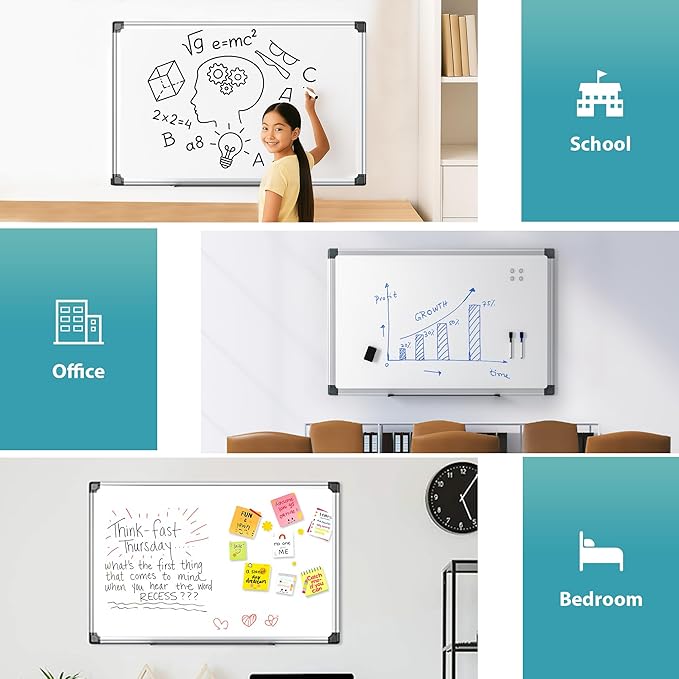36"x24" White Board for Wall, Aluminum Frame Dry Erase Board, Hanging Magnetic Whiteboard with 1 Eraser & 2 Markers & 4 Magnets for Home, School, Office, Dorm Room, Classroom