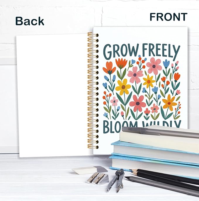 KRHFG Boho Floral Inspirational Spiral Notebook, Inspirational Gifts for Women Journal, Grow Freely Bloom Wildly Floral Motivational Therapy Notebooks, Boho Office Supplies, 5.5x8.3 Inch