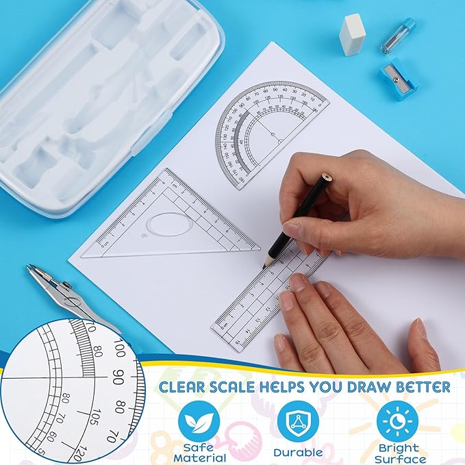 Teling 24 Sets Math Geometry Kit for Students 10 Pcs Compass Geometry Tools Set Includes Rulers Protractor Compass Eraser Pencil Sharpener Lead Refills Pencil