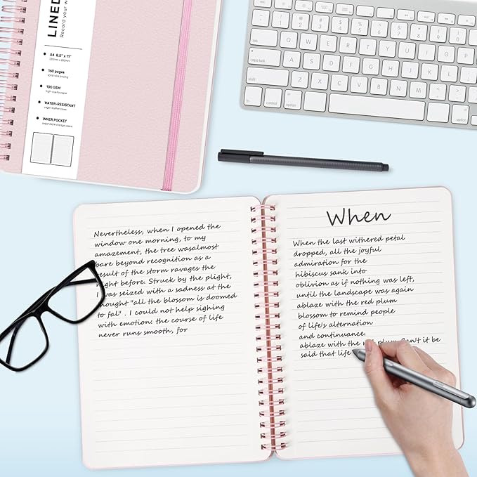 Lined Spiral Journal Notebook, A4 Spiral Notebook, 8.5''×11'' 100GSM Thick Paper Spiral Bound Journaling Notebooks for Work, School, Women, College Ruled Spiral Notebook for Note Business, Pink