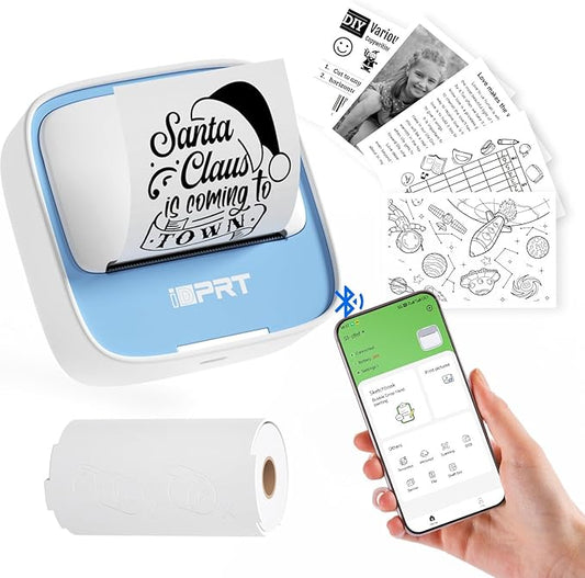 iDPRT Sticker Printer, Portable Thermal Printers Bluetooth Inkless Printer with 1 Roll Sticker Paper, Sticker Maker for Home Office School, Compatible with Android & iOS Phones, Blue
