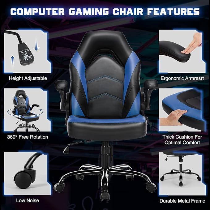 DUMOS Gaming Ergonomic Office Chair for Adults, Height Adjustable Computer Desk Chair with Flip-up Armrests, PU Leather Swivel Video Game Chair with 360° Rolling Wheels, Blue