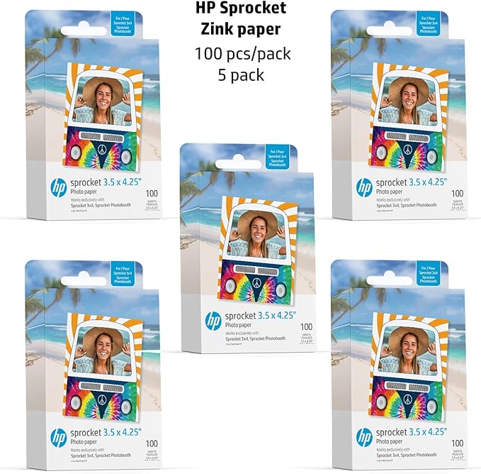 HP Sprocket 3.5 x 4.25” Zink Sticky-Backed Photo Paper (500 Pack) Compatible with HP Sprocket 3x4 Photobooth and Photo Printer