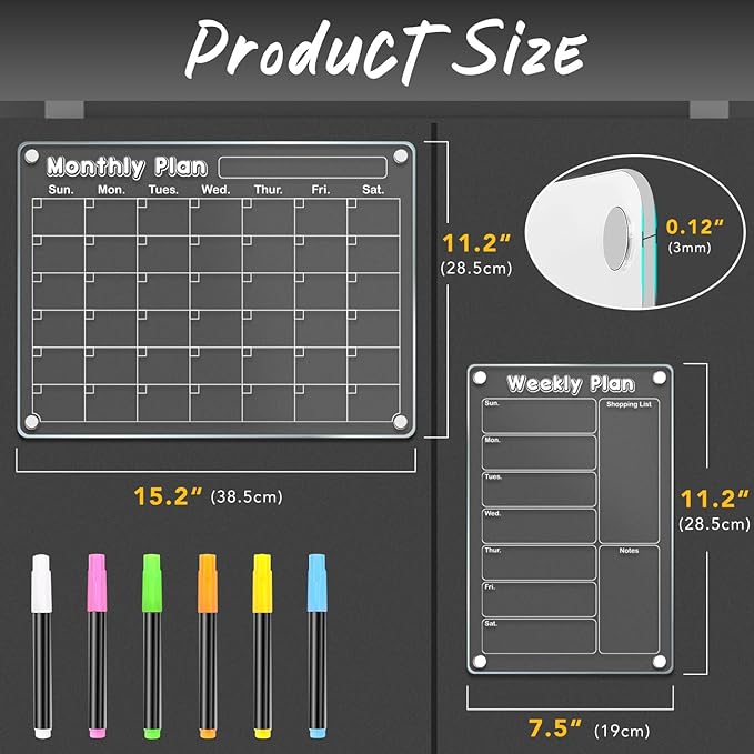 DIYMAG Planning Pads 3Pack Acrylic Magnetic Dry Erase Calendar for Fridge,15"x11" Set 2025 Magnetics Weekly Monthly Memo Planner Board for Refrigerator with 6 Colors Markers