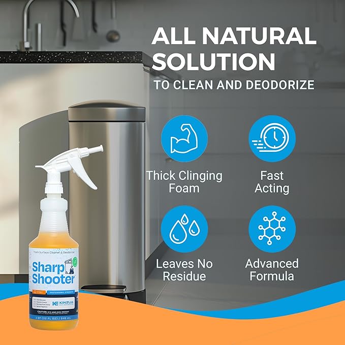 KINZUA ENVIRONMENTAL Sharpshooter, Heavy-Duty Trash Can Odor Eliminator & Degreaser, Garbage Surface Cleaner and Deodorizer Foam, Professional-Grade, Fresh Citrus Scent, 32 oz