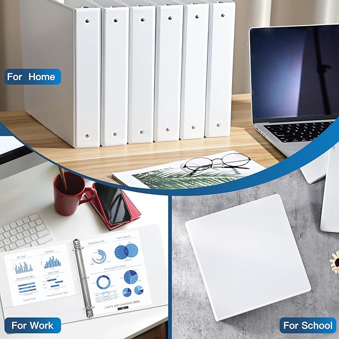 1.5-inch 3 Ring-Binder with 2 Interior Pockets, Premium 1.5''-Binders Holds 325 Sheets US Letter Size 8.5'' x 11'' Paper - Durable, Versatile Binders for Office, Home, and School Use, 6 Pack (White)