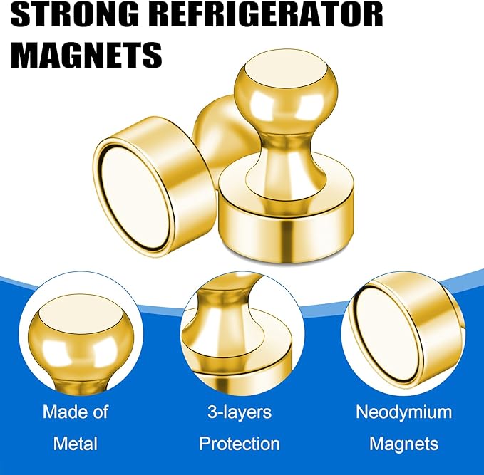 LOVIMAG 40 PCS Fridge Magnets, Gold Metal Push Pin Magnets, Strong Neodymium, Ideal for Adults, Kitchen, Office, School