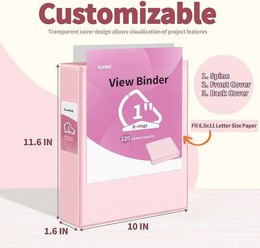 SUNEE 3 Ring Binder 1 Inch D Ring, Clear View Binder Three Ring PVC-Free (Fit 8.5x11 Inches) for School or Office Supplies, Pink, 2 Pack