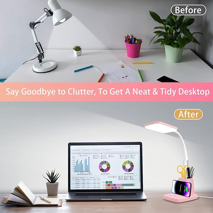 Sailstar Pink Desk Lamp, Small Desk Lamp with Pen Holder, Wireless Charger LED Desk Lamps for Home Office, Kids Desk Lamps 800LM Gooseneck 3 Modes Dimmable Touch, Study Lamps for College Dorm Room