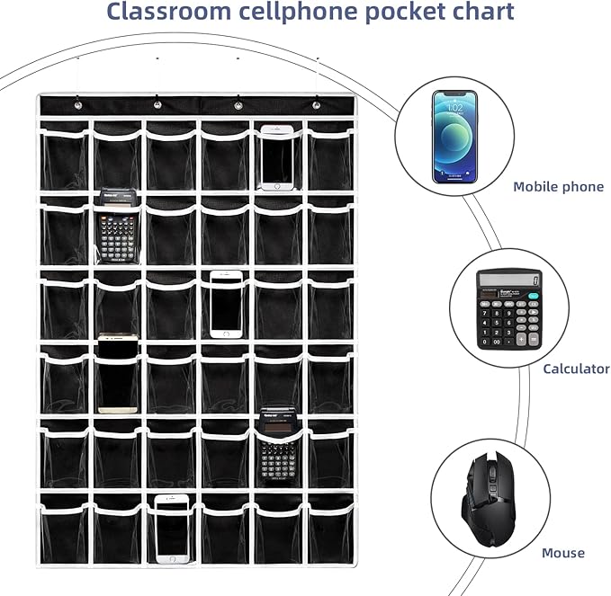 36 Clear Pockets Classroom Pocket Chart for Cell Phones,Pocket Chart Organizer for Calculator Holder with 36 Number Sticker Classroom Hanging Cell Phones Organizer (Black)