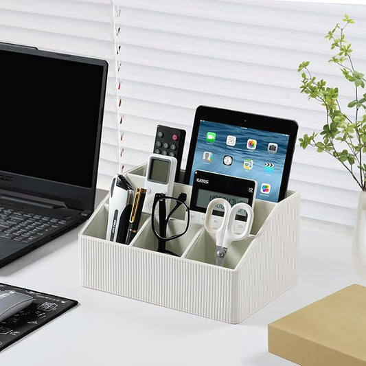 Remote Control Holder with 5 Compartments for Office Art Supplies, PU Leather Nightstand Organizer Pencil Pen Desk Caddy for Home, Desktop TV Remote Control Organizer Storage (Striped Ivory)