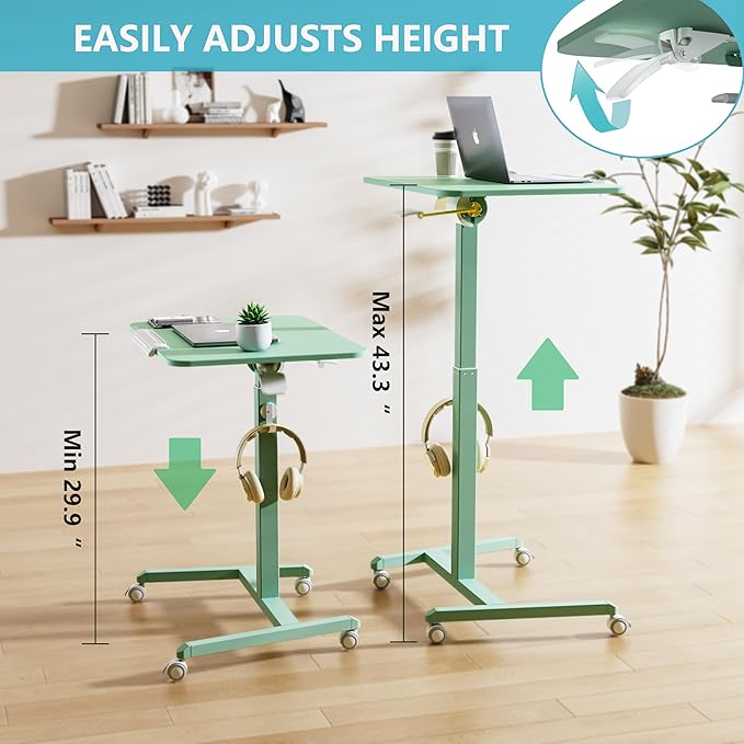 ETHU Mobile Standing Desk, Rolling Podium Stand with Magnetic Hook, 90° Tilting Tabletop, Height Adjustable Sit Stand Desk for Home, Office and Classroom