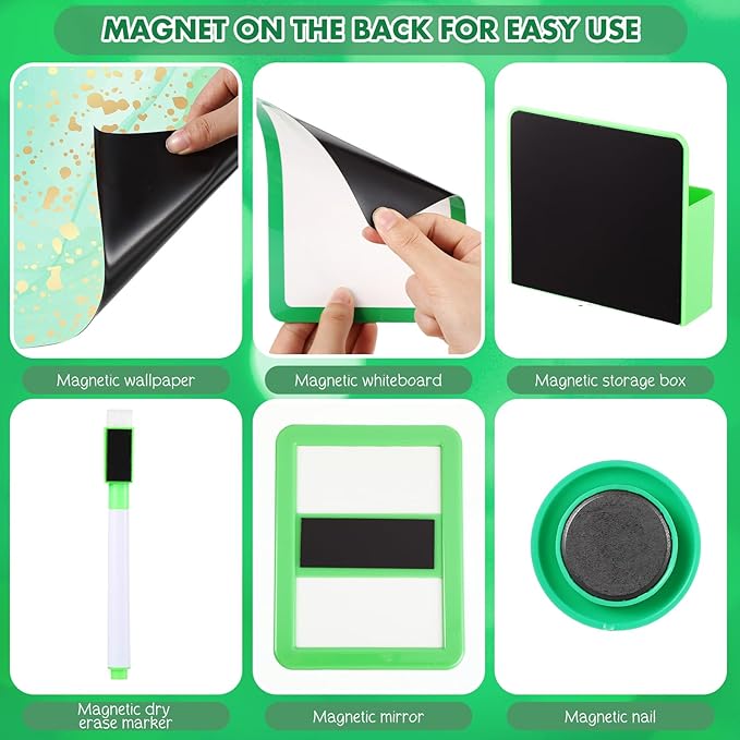 Timgle 8 Pcs Magnetic Locker Set Including Magnetic Wallpaper Mirror Locker Organizer Carpet Whiteboard Dry Erase Marker Accessories for Office School Supplies(Green,Marble Pattern)