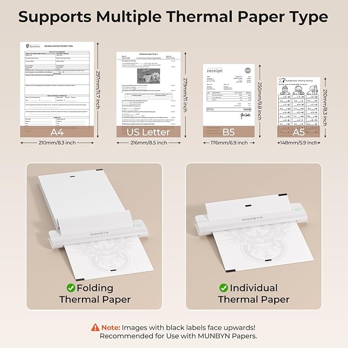 MUNBYN Portable Printers Wireless for Travel ITP02, Portable Printer Bluetooth, Support 8.5"x11" & A4 Thermal Paper, Compatible with Android, iOS & Laptop, Small Printer for Office, School(White)
