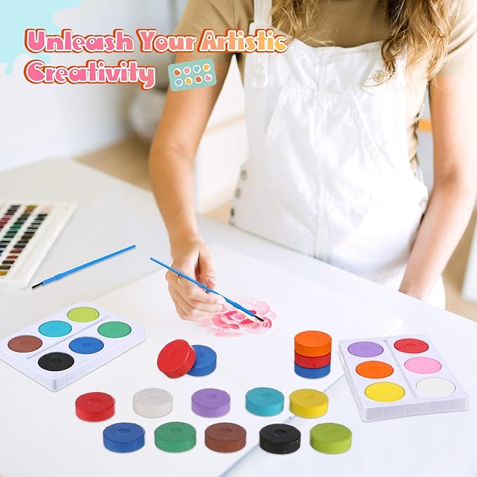 Nuanchu 144 Pcs Tempera Paint Cakes with Tray 12 Colors 2.24 x 0.71 Inch Painting Cakes with Paintbrush Paints Blocks Art Supplies for Art sessions Drawing Artists Beginners 12 Set