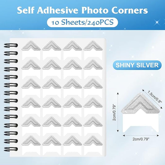 GOONAVI 10 Sheets 240 PCS Shiny Silver Acid-Free Photo Corners Notebook, Self-Adhesive Photo Corners for DIY Photo Album Journal, Photo Corner Stickers for Trip Journal Memory Book