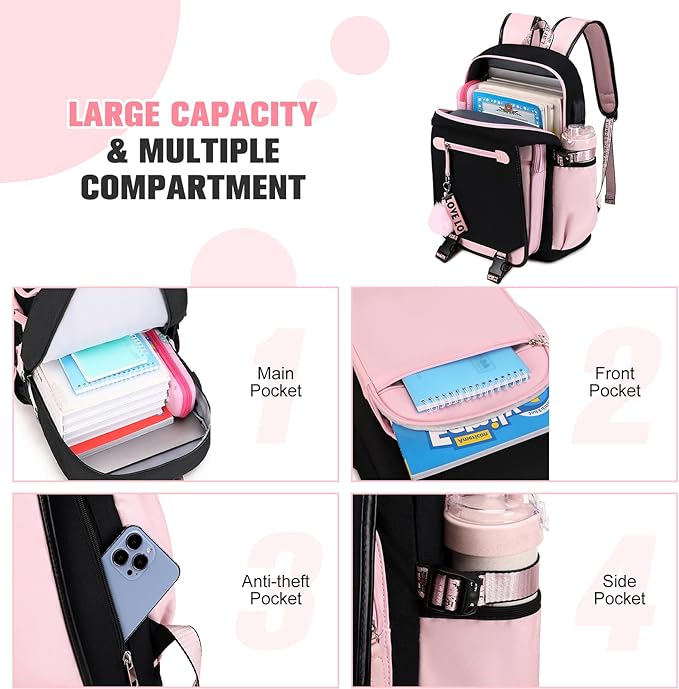Bevalsa School Backpack for Girls, Backpack with Lunch Box & Pen Case, Bookbag for Girls Kids Elementary Middle High School Student 21L Children Schoolbag