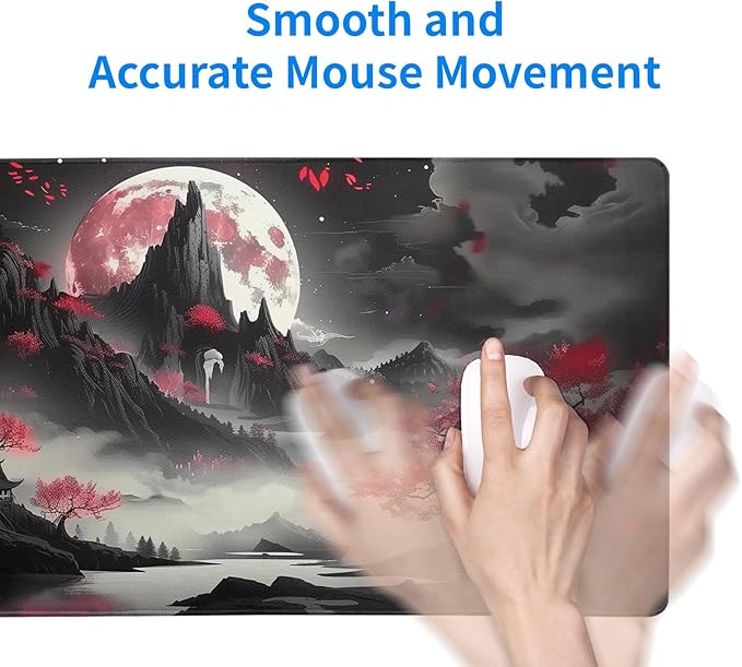 Japanese Desk Mat Red Full Moon Desk Pad Black Riverside Large Mouse Pad Gaming Mousepad Extended XL Keyboard Pad 31.5 x 11.8 in Laptop Computer Mouse Keyboard Mat for Office Desk Decor