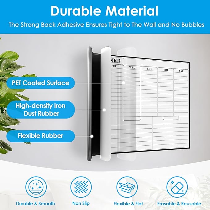 MaxGear 36"x24" Adhesive Dry Erase Calendar Weekly Whiteboard for Wall, Office, Classroom, Home, Drill-Free Installation, 1 Marker Holder, 4 Markers, 1 Eraser, 6 Magnets, Smooth Writing & Erasing