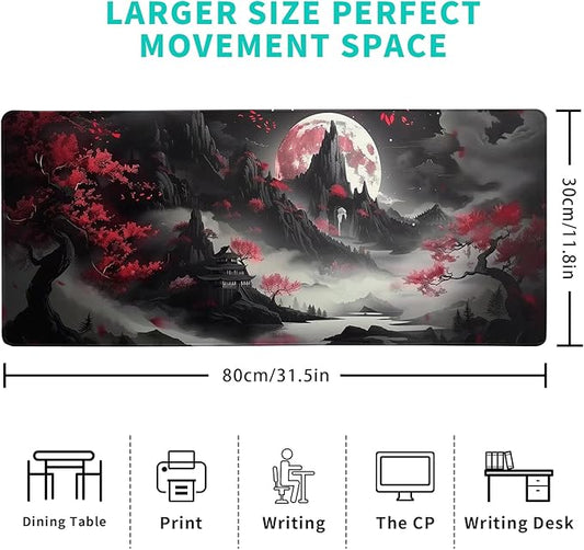Japanese Desk Mat Red Full Moon Desk Pad Black Riverside Large Mouse Pad Gaming Mousepad Extended XL Keyboard Pad 31.5 x 11.8 in Laptop Computer Mouse Keyboard Mat for Office Desk Decor