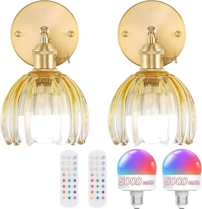 Vintage 5000 mAh Battery Operated Wall Sconce with Yellow Clear Tulip Gradient Glass Lampshade Rechargeable Battery Powered Wall Light with Remote Control for Bedroom, Set of 2