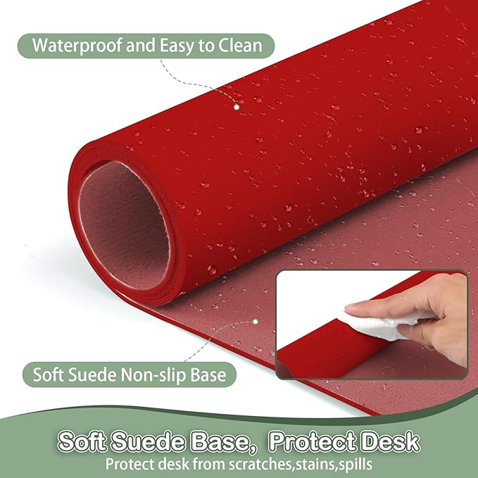 Boutilon Leather Desk Pad Protector,Non-Slip Mouse Pad,Laptop Desk Pad,Office Mouse Mat,Waterproof Leather Desk Blotter,Desk Writing Pad for Office and Home (M-Red,30"x14")