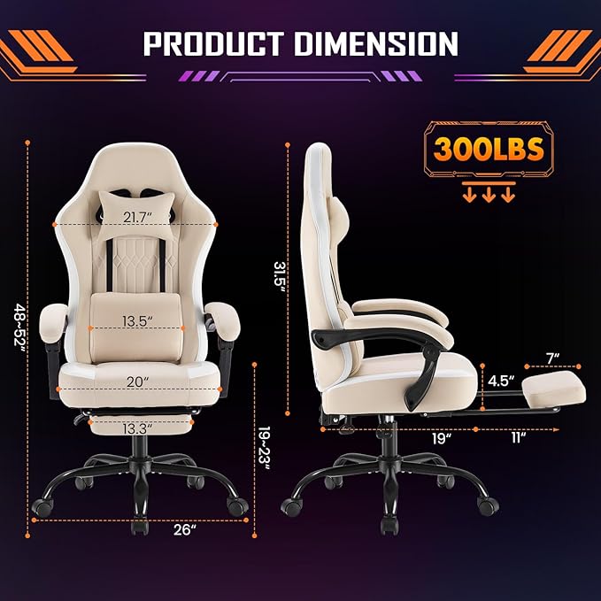 Sweetcrispy Computer Gaming Chair - High Back Ergonomic Desk Chair with Footrest and Lumbar Support, Height Adjustable Task Chair with Linkage Armrests and Headrest, 360° Swivel Wheels, Khaki