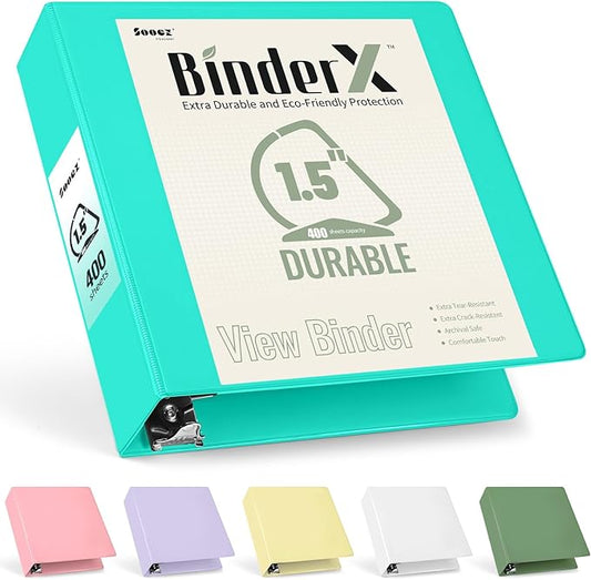 Sooez BinderX Extra Durable 1.5 Inch 3-Ring Binder, Holds 400 Sheets of 8.5x11 Paper, Customizable View Cover with Inside Pockets, Heavy Duty Binder for School, Teal