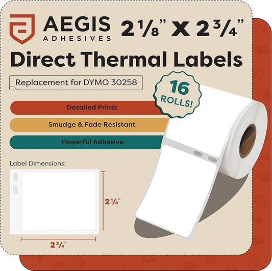 Aegis Adhesives - Compatible Labels Replacement for DYMO 30258 (2-1/8" X 2-3/4") Diskette Media & Veterinary - Use with Labelwriter 450, 450 Turbo, 4XL Printers (16 Rolls)