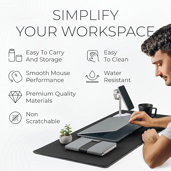 Nordik Felt and Leather Desk Mat Non-Slip - Black - 35 X 17 Inch - Felt and Vegan Leather Desk Pad - Document Organizers - Desk Blotter and Desktop Mat - Desk Protector Laptop Desk Matt for Desktop