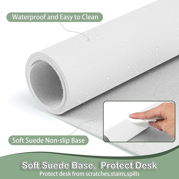 Boutilon Leather Desk Pad Protector,Non-Slip Mouse Pad,Laptop Desk Pad,Office Mouse Mat,Waterproof Leather Desk Blotter,Desk Writing Pad for Office and Home (M-White,30"x14")