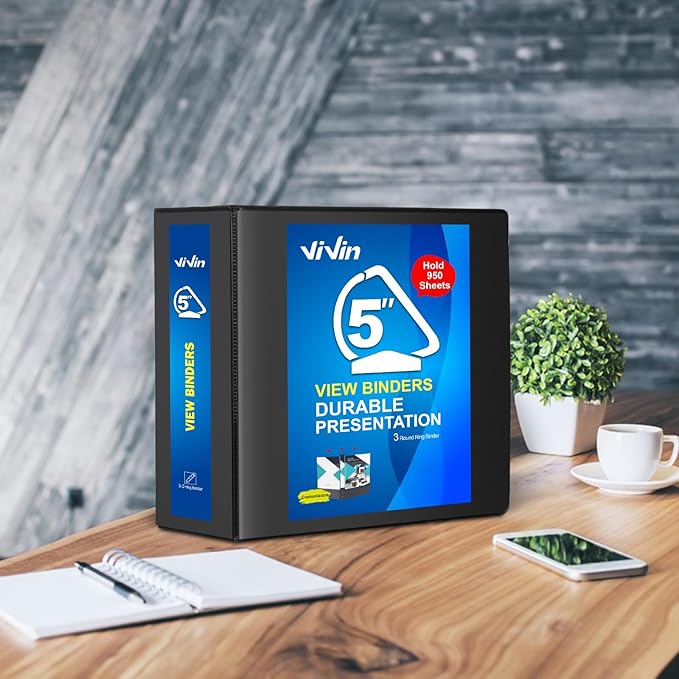 ViVin Durable 5 inch D Ring View Binder, Large 5" Slant-D Ring with 950-Sheet Capacity, Fit 8.5" x 11" Paper, 6 Pack(Black)