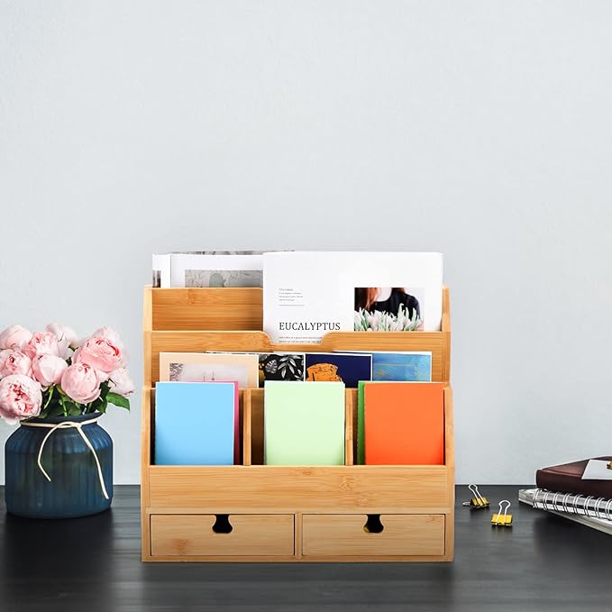 Youeon Bamboo Desk Mail Organizer with Drawers, Large Office Desk Organizer, Countertop Magazine File Holder, Desk Organizer and Sorter for File Letter Paper Office Supplies