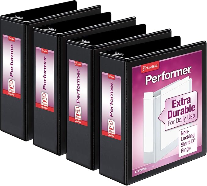 Cardinal Economy 3-Ring Binders, 4", Slant-D Rings, Holds 835 Sheets, Black, Case of 6 & Performer 3-Ring Binders, 3", Non-Locking Slant-D Rings, 725-Sheet Capacity, Black, 4-Pack