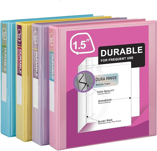 Zzrywuty Durable 3 Ring Binder, 1.5 Inch, Economy 4 Pack, Each Holds 300 Pages, D-Ring Presentation View Binders for Office, School, Home (Pastel Assortment)