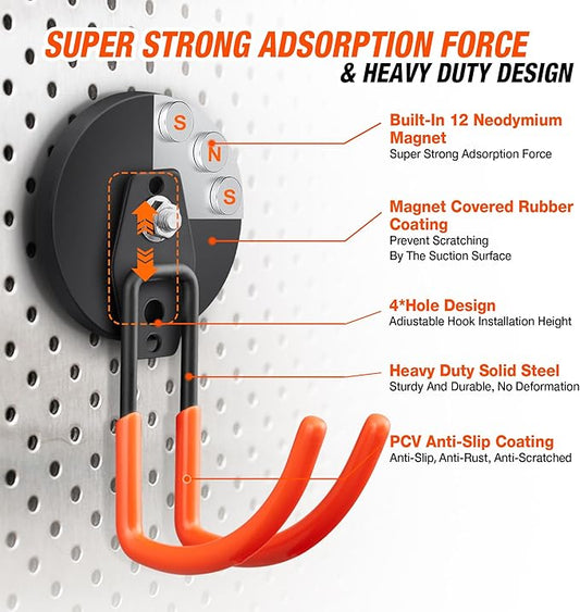 4Pcs Large Strong Magnetic Hooks for Hanging Heavy Duty, 3.5in Neodymium Magnet Storage Utility Hooks, Steel Long Magnetic Holder/Hanger Hook Organizer for Hanging Garage/Garden/Power Tools