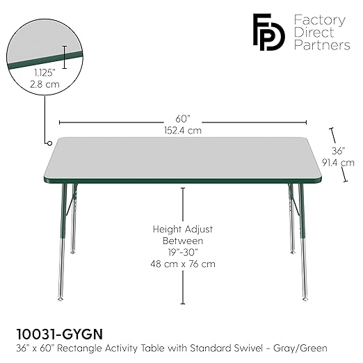 FDP Rectangle Activity School and Office Table (36 x 60 inch), Standard Legs with Swivel Glides, Adjustable Height 19-30 inches - Gray Top and Green Edge