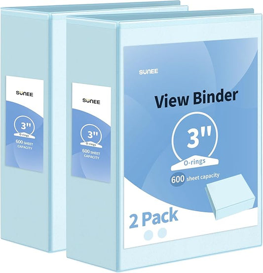 SUNEE 3 Ring Binder 3 Inch 2 Pack, Clear View Binder Three Ring PVC-Free (Fit 8.5x11 Inches) for School or Office Supplies, Blue