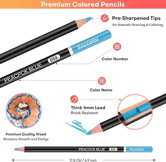 Soucolor 180-Color Artist Colored Pencils Set for Adult Coloring Books, Soft Core, Professional Numbered Art Drawing Pencils for Sketching Shading Blending Crafting, Gift Tin Box for Beginners Kids