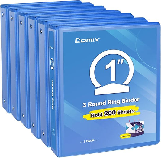 COMIX 3 Ring Binder 1 inch with Clear View Cover, 1" View Binder Holds 200 Sheets of US Letter Size Paper, 6 Pack (Light Blue)