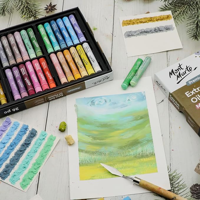 Mont Marte Extra Soft Oil Pastels Macaron Hues Premium 26pc, Assorted Pastel & Metallic Colors, Vibrant, Buttery, Versatile Art Pastels for Blending, layering & Shading, Coloring, Sketching