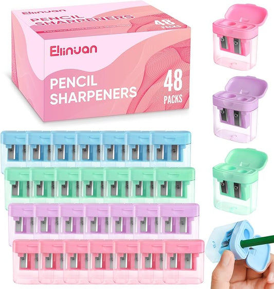 48 Pack Pencil Sharpeners Bulk - Dual Hole Manual Pencil Sharpener with Lid for Kids, Small Handheld Cute Sharpeners for Students, Classroom School Supplies
